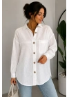 Kadın Beyaz Pamuklu Keten Tek Cepli Ahşap Düğmeli Bohem Oversize Gömlek