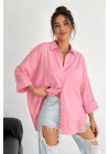 Kadın Pembe Pamuklu Oversize Fakir Kol Gömlek Geniş Kalıp Salaş Bluz Cepli