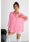 Kadın Pembe Pamuklu Oversize Fakir Kol Gömlek Geniş Kalıp Salaş Bluz Cepli