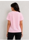 Kadın Pembe V Yaka %100 Pamuklu Boncuk Nakış İşlemeli T-Shirt Çiçekli