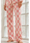 Kadın Pembe Damalı Gömlek Yaka Düğmeli Uzun Kollu Bol Paça Pantolonlu Pamuklu Pijama Takımı
