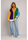 Kadın Renk Bloklu Pamuklu Triko Oversize Pinterest Hırka