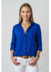 Kadın Saks Mavisi Düz Renk Dokuma Uzun Kollu Manşetli Düğmeli Pamuklu Viskon Basic Gömlek