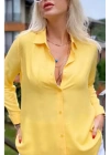 Kadın Sarı Düz Renk Dokuma Uzun Kollu Manşetli Düğmeli Pamuklu Viskon Basic Gömlek