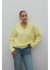 Kadın Sarı Pamuklu V Yaka Oversize Basic Triko Pinterest Kazak