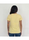 Kadın Sarı V Yaka %100 Pamuklu Boncuk Nakış İşlemeli T-Shirt Çiçekli