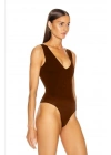 Kadın Kahverengi Kalın Askılı V Yaka Alttan Çıtçıtlı Çift Kat Sandy Basic Tanga Bodysuit