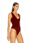 Kadın Bordo Kalın Askılı V Yaka Alttan Çıtçıtlı Çift Kat Sandy Basic Tanga Bodysuit