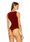 Kadın Bordo Kalın Askılı V Yaka Alttan Çıtçıtlı Çift Kat Sandy Basic Tanga Bodysuit