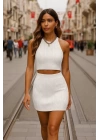Kadın Sıfır Kol Crop Mini Etek Ikili Triko Takım