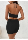 Kadın Sıfır Kol Crop Mini Etek Ikili Triko Takım