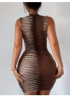 Kadın Sıfır Kol Desenli Mini Bodycon Dalgıç Elbise