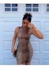 Kadın Sıfır Kol Desenli Mini Bodycon Dalgıç Elbise