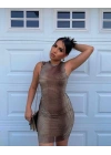 Kadın Sıfır Kol Desenli Mini Bodycon Dalgıç Elbise