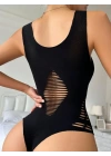 Kadın Sıfır Kol Göğüs, Sırt Ve Yanları Kesik Detay çıtçıtlı Viskon Bodysuit