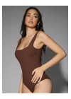 bysoca Kadın Kahverengi Kalın Askılı Kare Yaka Sıfır Kol İpek Jarse Vücudu Saran Basic Bodysuit