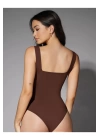 bysoca Kadın Kahverengi Kalın Askılı Kare Yaka Sıfır Kol İpek Jarse Vücudu Saran Basic Bodysuit