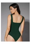 bysoca Kadın Zümrüt Yeşili Kalın Askılı Kare Yaka Sıfır Kol İpek Jarse Vücudu Saran Basic Bodysuit