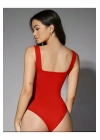 bysoca Kadın Kırmızı Kalın Askılı Kare Yaka Sıfır Kol İpek Jarse Vücudu Saran Basic Bodysuit