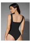 bysoca Kadın Siyah Kalın Askılı Kare Yaka Sıfır Kol İpek Jarse Vücudu Saran Basic Bodysuit