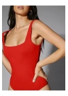 bysoca Kadın Kırmızı Kalın Askılı Kare Yaka Sıfır Kol İpek Jarse Vücudu Saran Basic Bodysuit