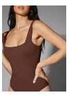 bysoca Kadın Kahverengi Kalın Askılı Kare Yaka Sıfır Kol İpek Jarse Vücudu Saran Basic Bodysuit