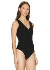 bysoca Kadın Siyah V Yaka Sıfır Kol Çift Kat Sandy Kumaş Vücudu Saran Tanga Basic Bodysuit