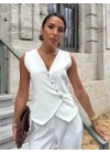 Kadın Sıfır Kollu çapraz V Yakalı önden Düğmeli Atlas Yelek Ve Pantolon Ikili Takım