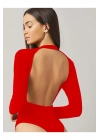 bysoca Kadın Kırmızı Sırt Dekolteli Bisiklet Yaka Uzun Kollu İpek Jarse Bodysuit