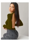 bysoca Kadın Kahverengi Sırt Dekolteli Bisiklet Yaka Uzun Kollu İpek Jarse Bodysuit
