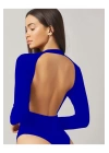 bysoca Kadın Mavi Sırt Dekolteli Bisiklet Yaka Uzun Kollu İpek Jarse Bodysuit