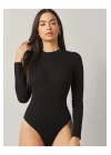 bysoca Kadın Siyah Sırt Dekolteli Bisiklet Yaka Uzun Kollu İpek Jarse Bodysuit