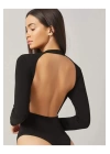 bysoca Kadın Siyah Sırt Dekolteli Bisiklet Yaka Uzun Kollu İpek Jarse Bodysuit