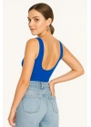 bysoca Kadın Mavi Sırt Dekolteli Kayık Yaka Sıfır Kol Vücudu Saran Basic Bodysuit
