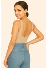 bysoca Kadın Bej Sırt Dekolteli Kayık Yaka Sıfır Kol Vücudu Saran Basic Bodysuit
