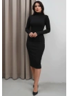 Kadın Siyah Balıkçı Yaka Uzun Kollu Sandy Kumaş Vücudu Saran Bodycon Midi Elbise