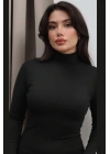 Kadın Siyah Balıkçı Yaka Uzun Kollu Sandy Kumaş Vücudu Saran Bodycon Midi Elbise