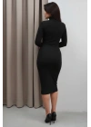 Kadın Siyah Balıkçı Yaka Uzun Kollu Sandy Kumaş Vücudu Saran Bodycon Midi Elbise