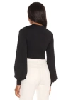 Kadın Siyah Balon Kesim Uzun Kol İpek Jarse Crop Top