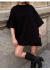 Kadın Siyah Bisiklet Yaka Kısa Kol Düşük Omuz Balon Etekli Oversize Kısa Mini Elbise