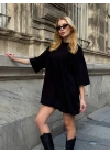 Kadın Siyah Bisiklet Yaka Kısa Kol Düşük Omuz Balon Etekli Oversize Kısa Mini Elbise