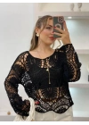 Kadın Siyah Crochet Örgü Desenli Ajurlu Transparan Uzun Kol Dantel Triko Pinterest Bluz