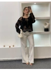 Kadın Siyah Crochet Örgü Desenli Ajurlu Transparan Uzun Kol Dantel Triko Pinterest Bluz