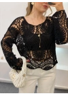 Kadın Siyah Crochet Örgü Desenli Ajurlu Transparan Uzun Kol Dantel Triko Pinterest Bluz