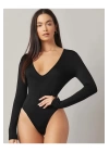 Kadın Siyah Derin V Yaka Ipek Jarse Bodysuit