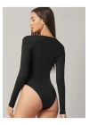 Kadın Siyah Derin V Yaka Ipek Jarse Bodysuit
