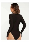 bysoca Kadın Siyah Derin V Yaka Uzun Kollu Vücudu Saran Sandy Kumaş Basic Bodysuit