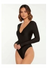 bysoca Kadın Siyah Derin V Yaka Uzun Kollu Vücudu Saran Sandy Kumaş Basic Bodysuit