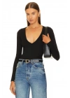 Kadın Siyah Derin V Yaka Uzun Kollu Alttan Çıtçıtlı Çift Kat İpek Jarse Basic Tanga Bodysuit