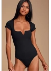 Kadın Siyah Göğüs Dekolte İpek Jarse Bodysuit